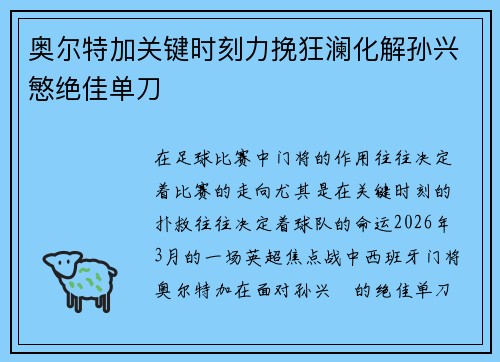 奥尔特加关键时刻力挽狂澜化解孙兴慜绝佳单刀 奥尔特加关键时刻力挽狂澜化解孙兴慜绝佳单刀