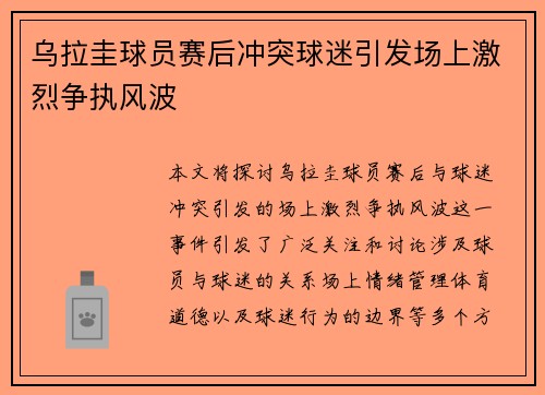 乌拉圭球员赛后冲突球迷引发场上激烈争执风波