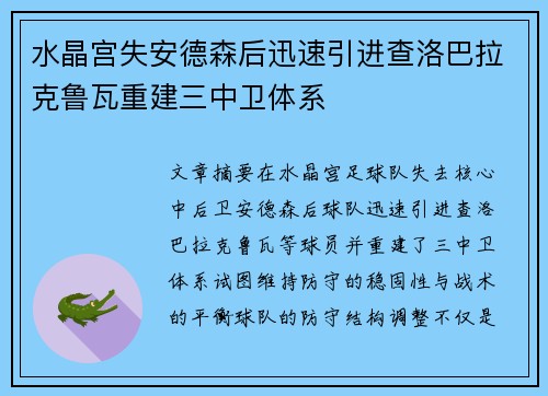 水晶宫失安德森后迅速引进查洛巴拉克鲁瓦重建三中卫体系