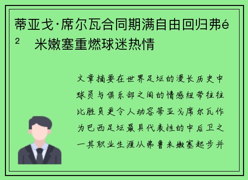 蒂亚戈·席尔瓦合同期满自由回归弗鲁米嫩塞重燃球迷热情